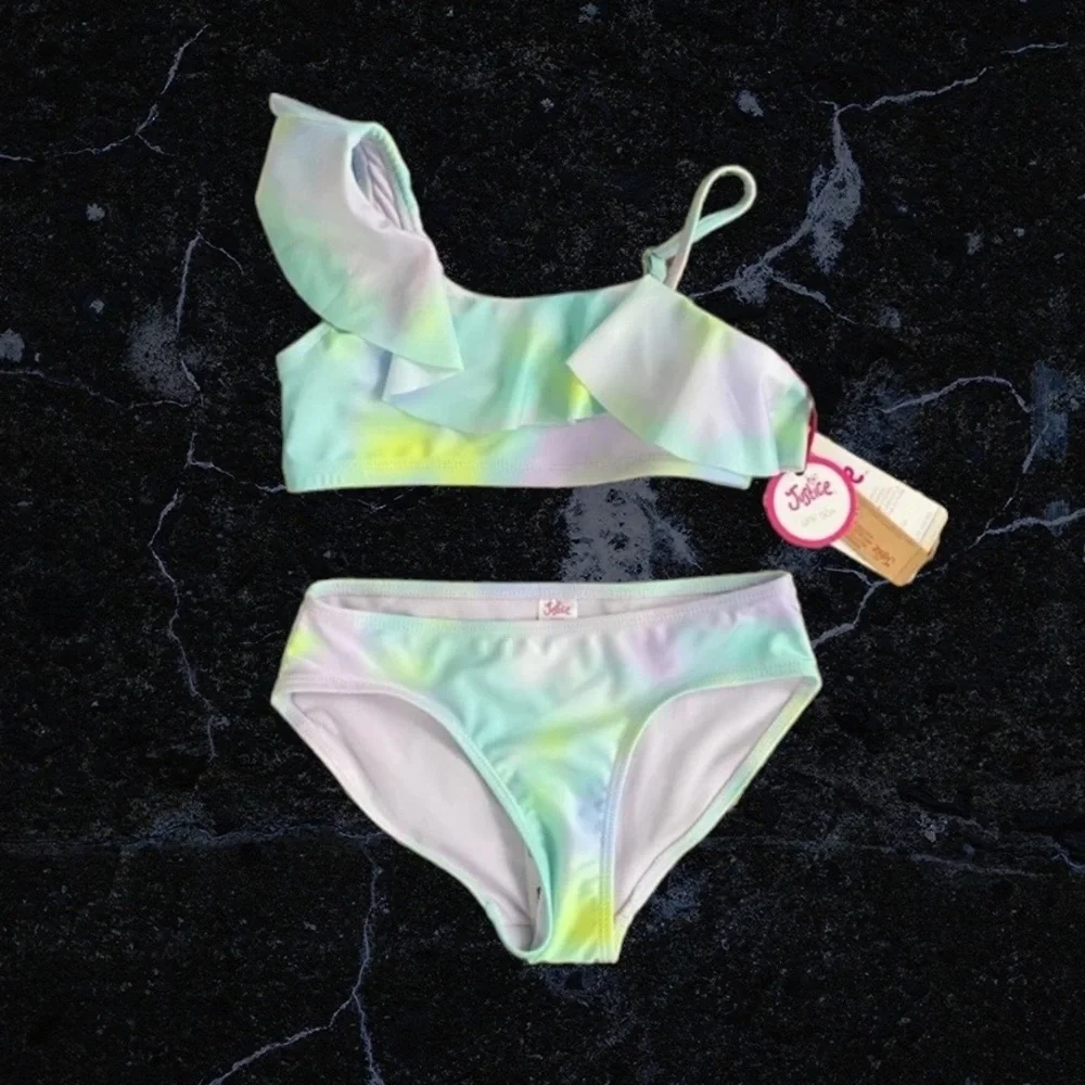 Justice 2 piece bikini purple blue greenish yellow tie dye Size: X Small (5-6)